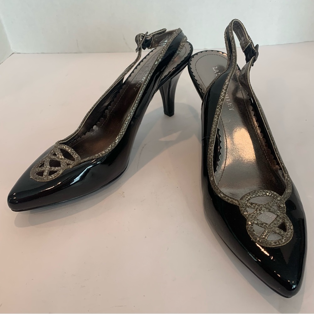 LAURA ASHLEY black/grey patent slingback heels in size 11 brand new, never worn